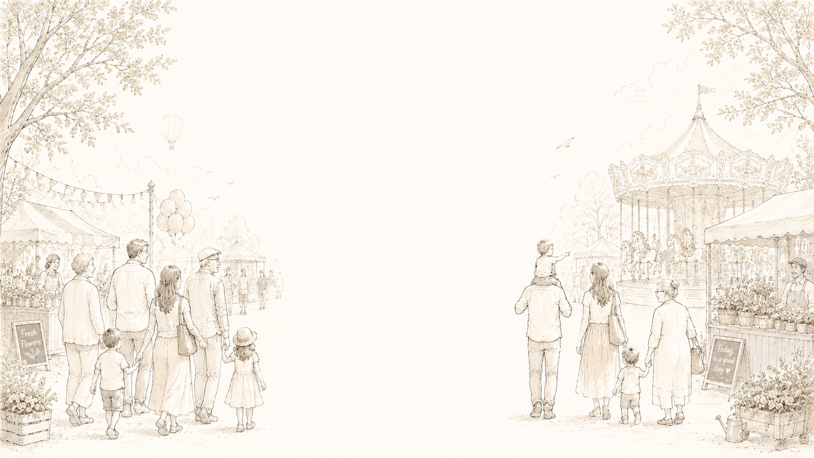 Hand-drawn family scenes: three generations sharing a photo album in a flowering garden, families strolling through a fair